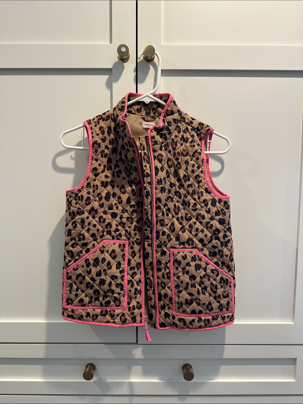 J. Crew Quilted Leopard Print Vest with Pink Trim